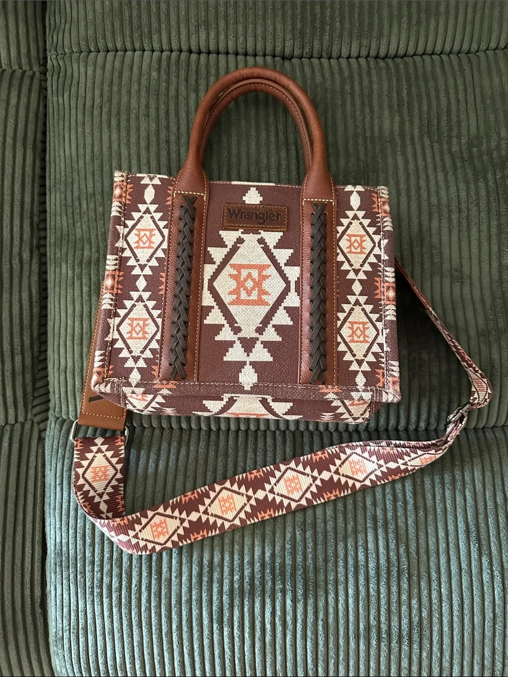 Wrangler Brown Cream Crossbody with Aztec Pattern and Orange Accents